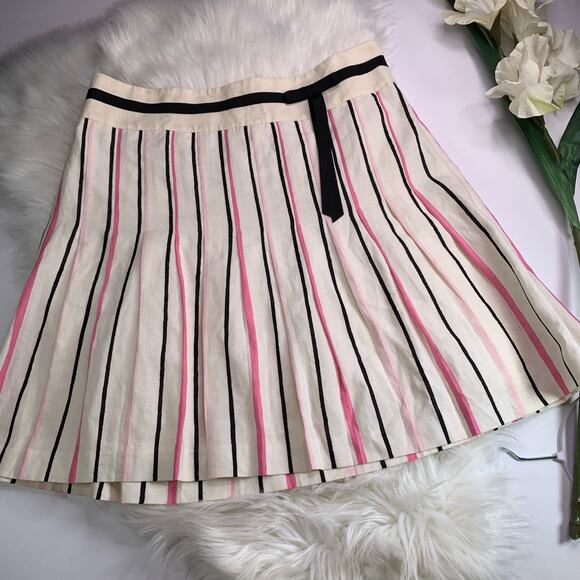 Ann Taylor LOFT Pleated 100%  LINEN Womens Size 8 Skirt Preppy Pink Black White - Picture 2 of 13